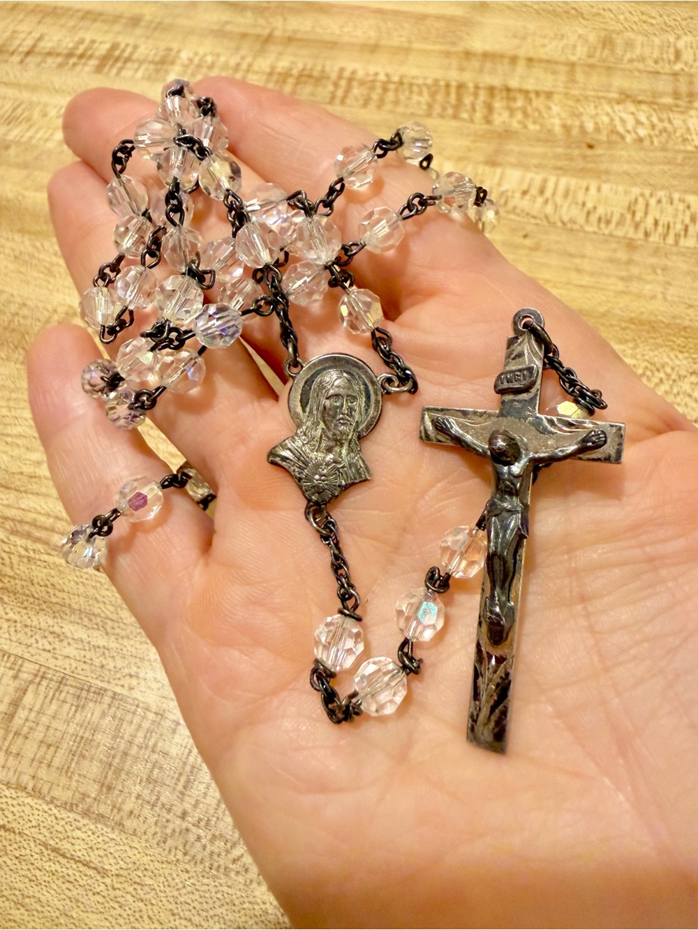 Vintage HMH Religious Sterling Silver Crucifix Glass Beads Rosary